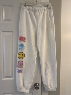 Ocean Drive White Jogger Sweatpants with Colorful Patch Graphics